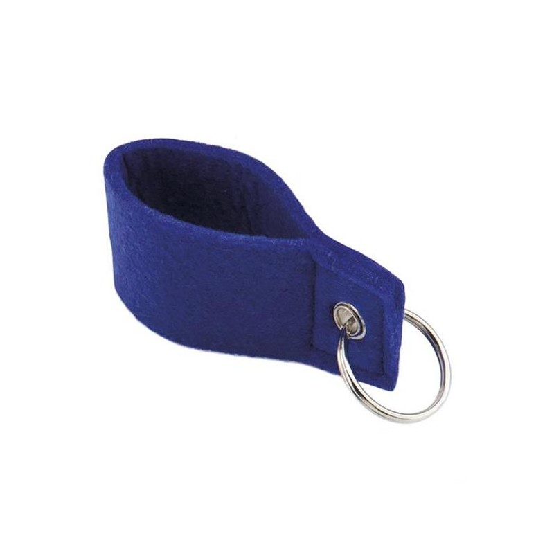 Keychain with soft blue felt body and metal reinforcement ring