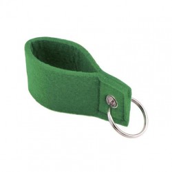 Keychain with soft green felt body and metal reinforcement ring